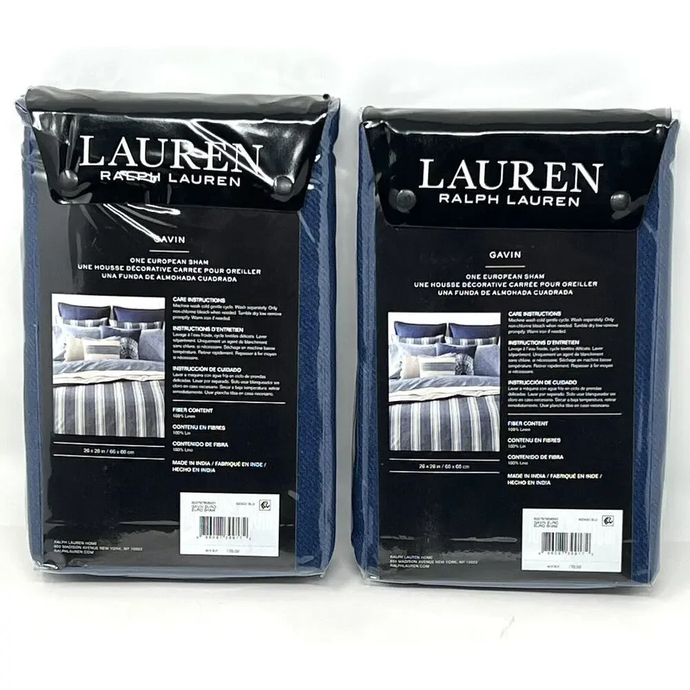 Ralph Lauren Gavin Euro Pillow Shams Indigo Blue 100% Linen Pair Of 2 26” X 26”